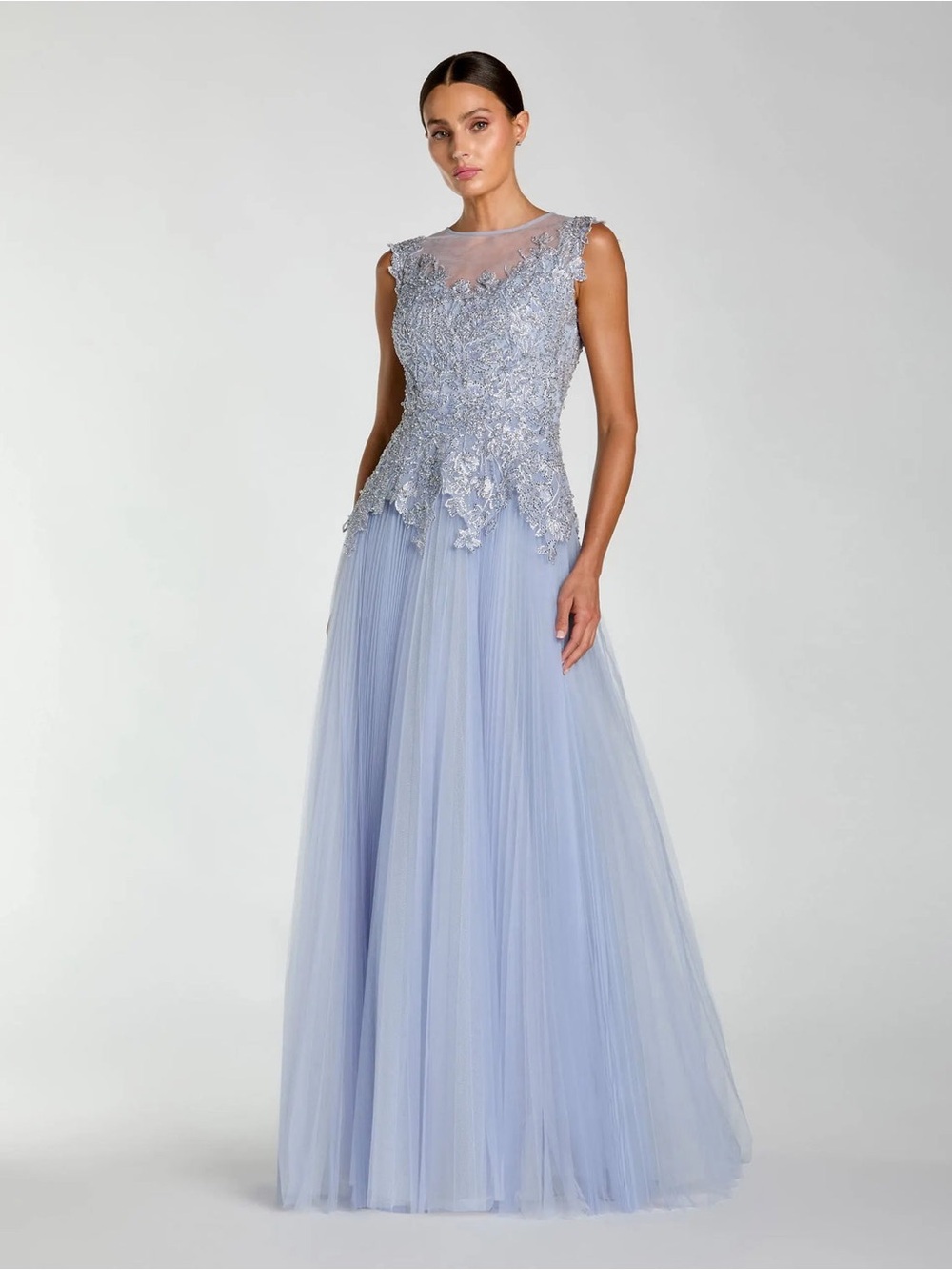 Mac Duggal Powder Blue Lace Appliqué Tulle Maxi Gown